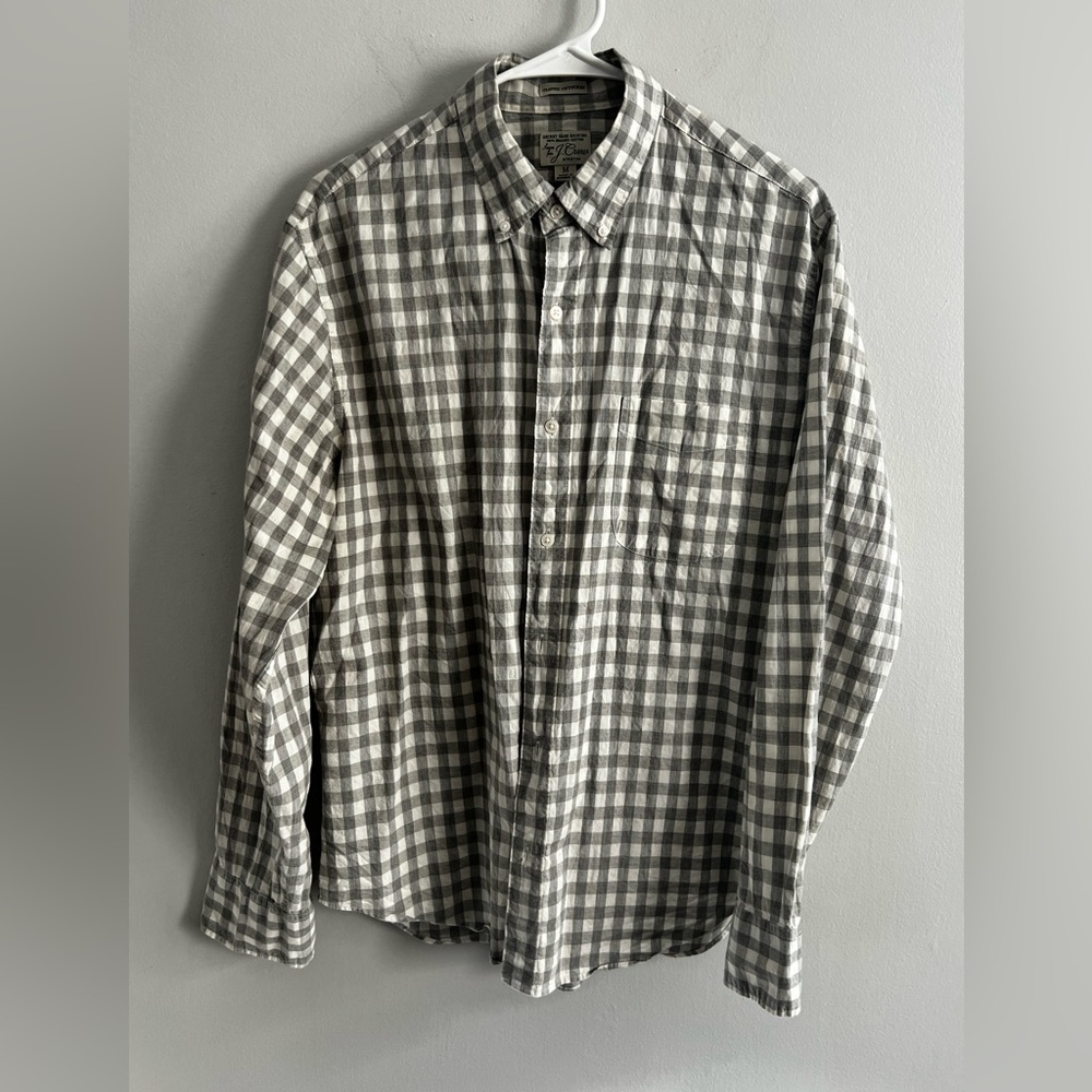 J Crew Shirt Mens Medium Gray Ivory Check Long‎ Sleeve Button Up Cotton Casual